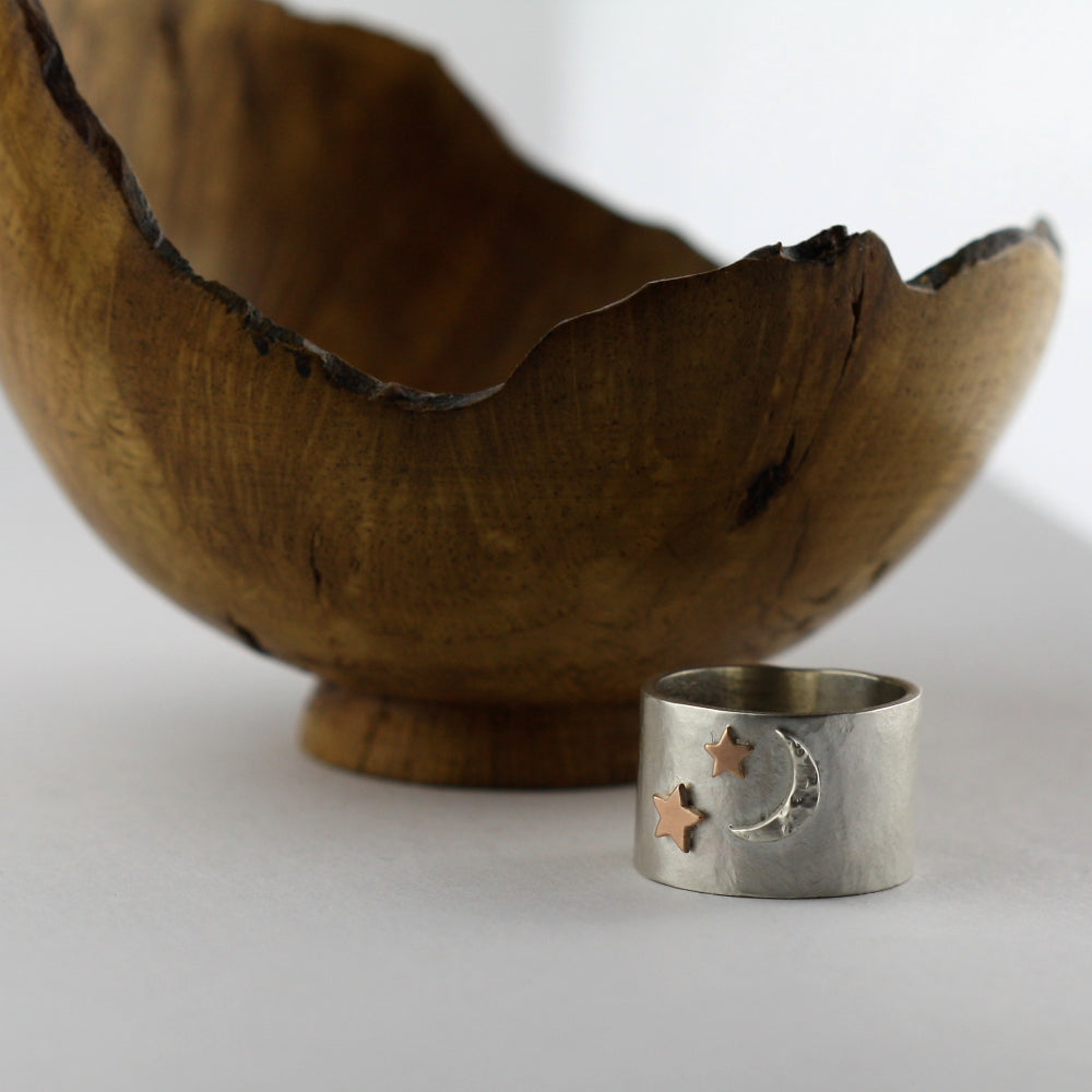 handcrafted silver wide moon and star ring