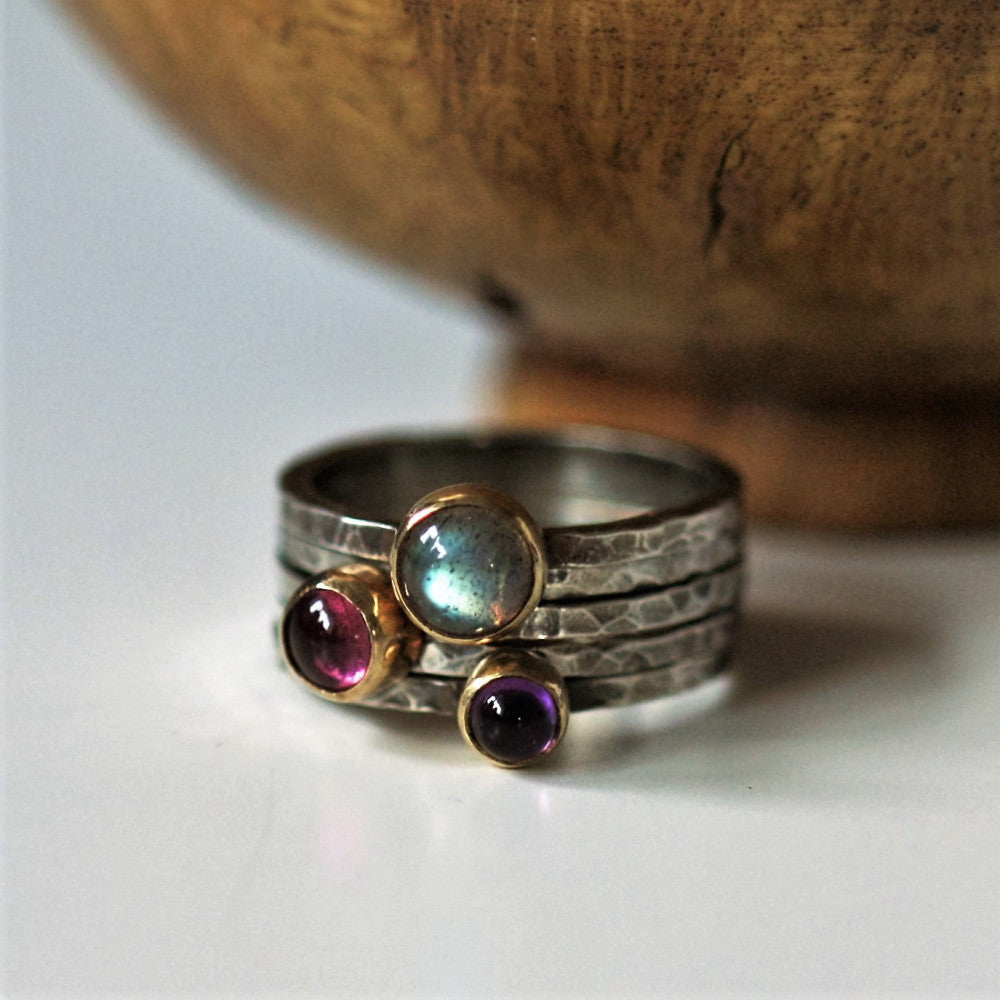 Silver and gold mixed metal blossom gemstone stacking rings