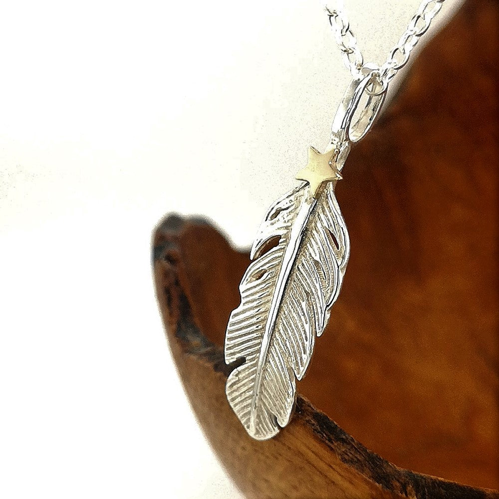Divine angel feather and gold star necklace