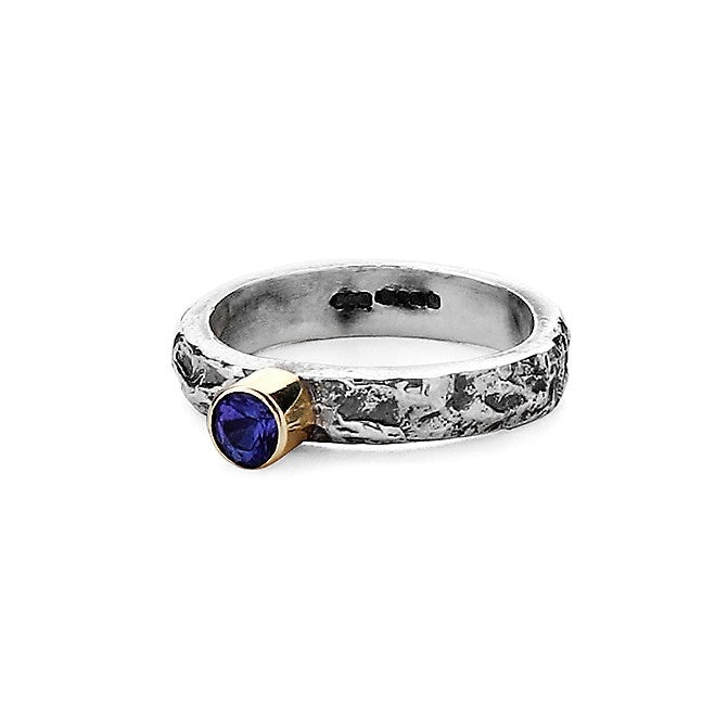 Tanzanite oxidized textured silver and gold ring band