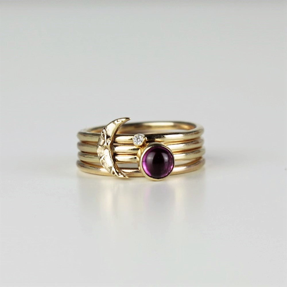 Universe solid gold textured moon and Wildflower Pink Tourmaline diamond Midi Stacking rings